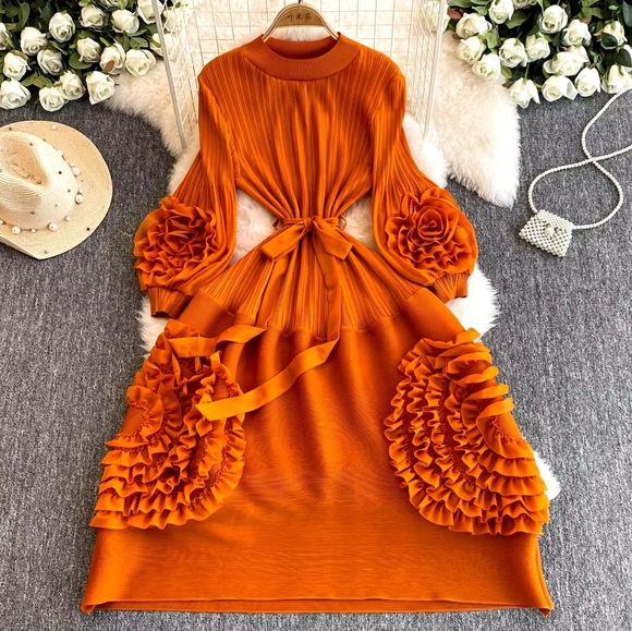 Women's Pleated Lace Elegant Temperament Lace Up Puff Sleeves High Waisted Dress - Picture 2 of 10